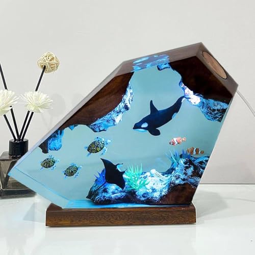 Orca Ocean Resin Lamp, Handmade Wooden Table Resin Night Light, USB Port Art Ornaments for Home Office Decor, Scuba Diver Gifts for Holiday, Unique Birthday Gifts for Mom Grandma Brother Sister - color: Orca, size: M