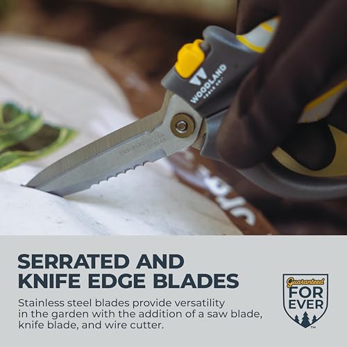 Woodland Tools Utility Snips – Super Duty Garden Snips with Serrated Trimming Scissors, Knife Edge, Wire and Twine Cutter, Stainless Steel Construction, Sheath Included – Plant Scissors for Yard Work - style: Super Duty Snip