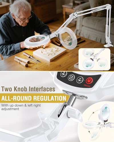 12X Magnifying Glass with Light and Clamp, Ultra Long 3 Section Swing Arm LED Desk Lamp, Real Glass Lens, 5 Color Modes Dimmable, Hands Free Lighted Magnifier with Stand for Repair Crafts - White - color: White, size: 12X 36inch Clamp