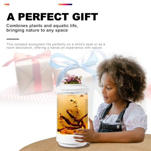 FZONE 1.2Gal Small Fish Tank with Plant Pot, All-in-one Desktop Aquarium Kit with Adjustable 4 Color Light Modes,20dB Filtration Pump,Detachable Backdrop,Invisible Touch Switch, Office & Home Decor