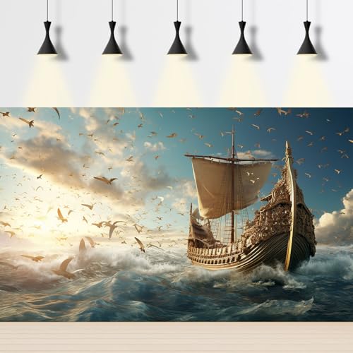 Sailing Ship Aquarium Background Splendid Surfy Ocean Flying Seagulls Fish Tank Background Majestic Golden Pirate Ship Terrarium Backgrounds Deep Seascape Blue Sky Reptile Tank Backgrounds 24x12in - color: Dark Blue, size: 24(W)x12(H)in