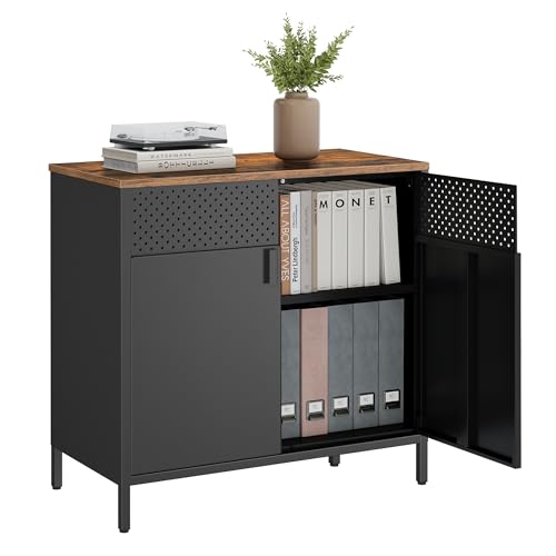 SONGMICS Storage Cabinet, Metal Cabinet, Sideboard with 2 Doors, 15.7 x 31.5 x 29.9 Inches, Magnetic Closure, Adjustable Shelf, Steel Frame, Rustic Brown and Black ULSC102B01 - color: Rustic Brown + Black, size: 31.5"W, style: 1 pack