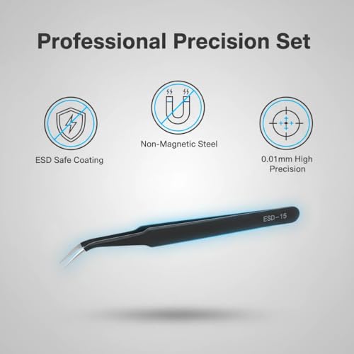 Precision Tweezers Set, 6 Piece ESD Anti Static Stainless Steel Tweezers for Repair, Soldering, Jewelry Making, Craft, Laboratory, Fine Tip Tweezers for PCB, Phone, Watch, Small Parts