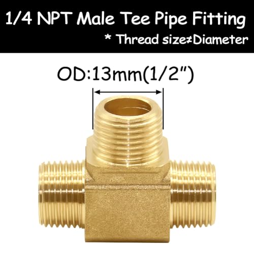Uenede 2PCS 1/4 Inch Brass Tee Pipe Fitting 1/4" NPT Male x 1/4" NPT Male x 1/4" NPT Male for Water/Oil/Gas - style: Male x Male x Male