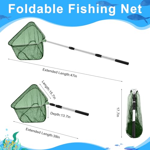 2 Pcs Steel Wire Fish Basket and Fishing Landing Net with Extension Aluminum Telescoping Pole Includes 1 Portable Fishing Net with Handle 1 Collapsible Wire Fishing Basket for Women Men