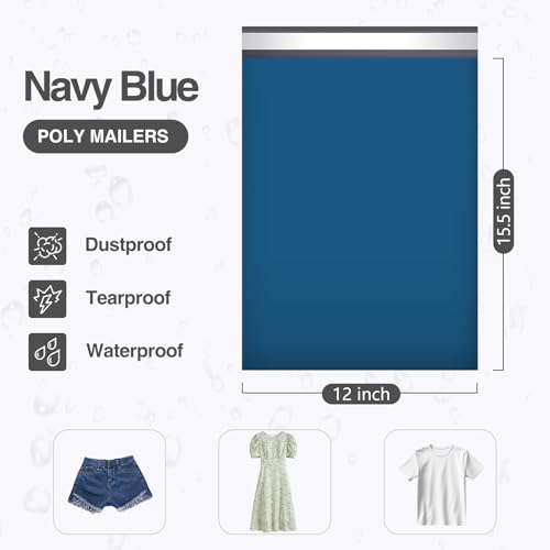 UCGOU Poly Mailers 12x15.5 Inch Navy Blue 100 Pack Medium Shipping Bags #5 Strong Thick Mailing Envelopes Self Sealing Adhesive Waterproof and Tear Proof Boutique Packaging Postal for Clothing - color: Navy Blue, size: 12x15.5