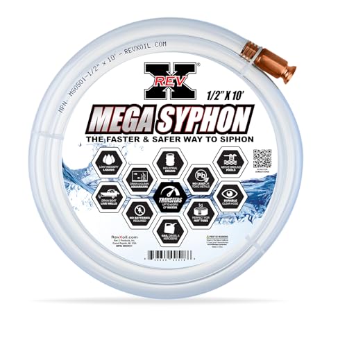 REV-X Mega Syphon - 1/2" x 10 Foot Long Self Priming Safe Siphon Hose for Water, Gas, Fuel, Diesel