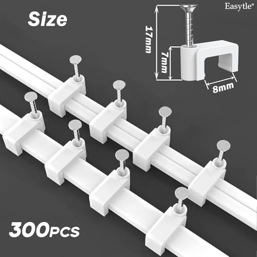 300 Pcs 8mm Cable Clips Nail in Cable Clips Flat Ethernet Cable Wall Clips Cable Tacks Coax Cable Clip Speaker Wire Clips Cable Nails for Cords Cat5/Cat5e/Cat6/Cat7 RJ45 Cord Clips