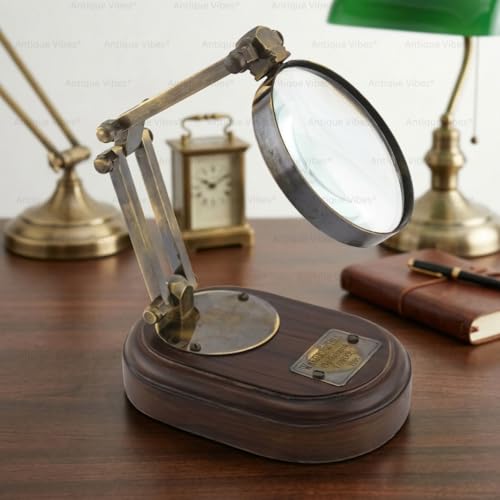 Handmade Magnifying Glass, Wooden Stand, Adjustable Arms, Vintage Style Magnifier, Reading Coin & Stamp, Astrologer, Collectible Table Office Home Décorative Gifts for Collectors