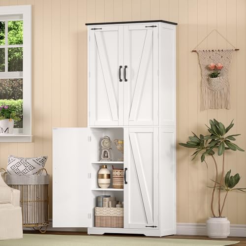 TEENFON Tall Pantry Cabinet, Kitchen Cabinet with 4 Shelves, Adjustable Shelves, Pantry Cabinets with 4 Barn Doors, Tall Kitchen Cabinets for Dining Room, Living Room, White - color: White 4 Doors