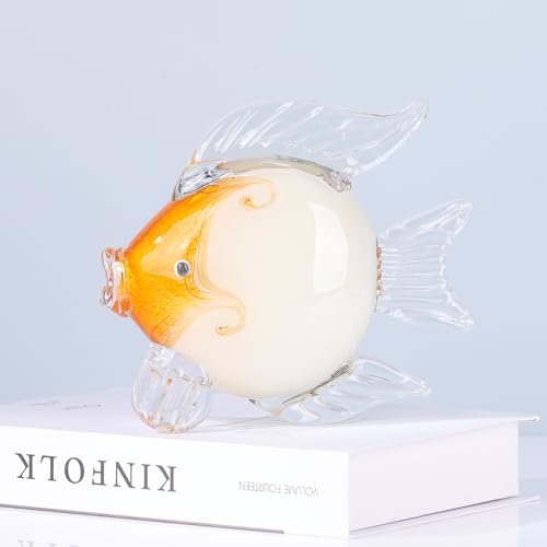 Large Glass Fish Figurines Hand Blown Glass Fish Statue and Sculpture Home Decor, Murano Animal Tropical Sea Glass Paperweights for Desk, Glass Aquarium Coastal Beach Decorative (light Orange) - color: Light Orange