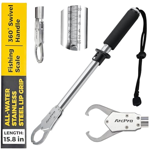 2-in-1 Fish Lip Gripper, 15.8" Stainless Steel Fish Gripper with Scale, 60lb Weighing Fish Grabber, 360° Non-Slip Swivel Handle, Tool for Saltwater & Freshwater - size: 15.8"