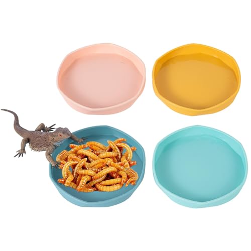 COMSUN 4 Pack Small Reptile Food Dish Bowl, Plastic Worm Water Dish Plate for Lizard Gecko Bearded Dragon Chameleon 4" W x 4" D x 0.5" H, Blue and Yellow - color: Blue and Yellow
