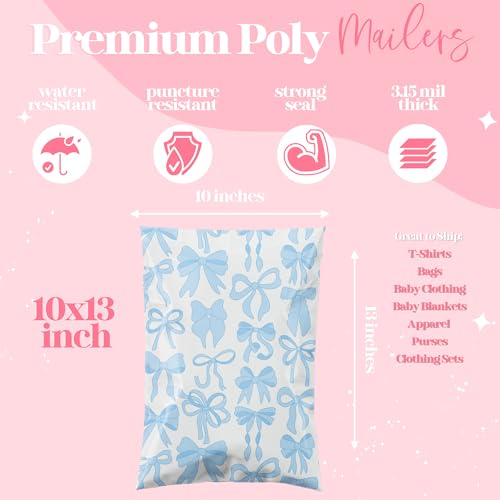 Pretty Package Store 10x13 Designer Poly Mailer 100 Pack Heavy Duty Waterproof Self Seal Shipping Bags for Small Business Large Mailing Envelopes Bulk Tear Resistant Packaging Blue Bows - color: Blue Bows, size: 10x13