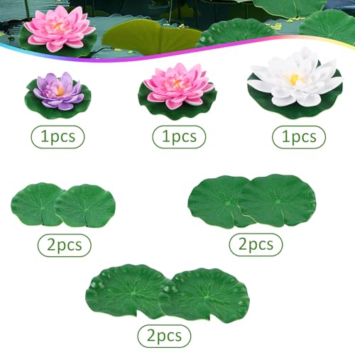 9 Pcs Artificial Floating Foam Lotus Flowers with Plastic Lotus Leaves, Artificial Lily Pads for Pond, Pond Plants Ornaments for Garden Koi Fish Pool Aquarium Pool Wedding Decor