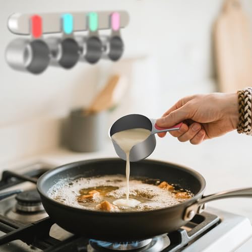 Magnetic Measuring Cups and Spoons Set, 5 Stainless Steel Measuring Cups, 7 Magnetic Measuring Spoons & 1 Leveler, 3 Plastic Measuring Cup with 1 Measuring Conversion Chart - color: Silver
