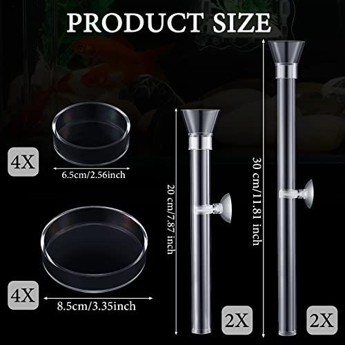 Potchen 12 Pieces Shrimp Feeder Set 4 Acrylic Tubes & 8 Dishes, Clear Crystal Glass Bowl, Fish Tank Feeding Supplies for Shrimp & Betta, 2 Sizes