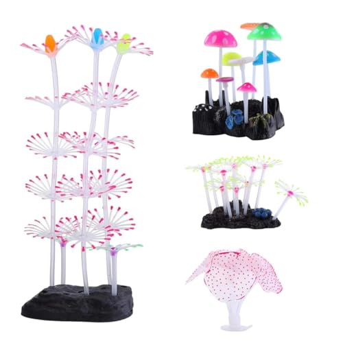 Swaying Coral Decor Set - 4-Pack: String, Starry, Feather & Mushroom Soft Silicone Aquarium Ornaments with Lifelike Motion for Freshwater & Saltwater Fish Tanks, Safe Fish Shrimp Habitat