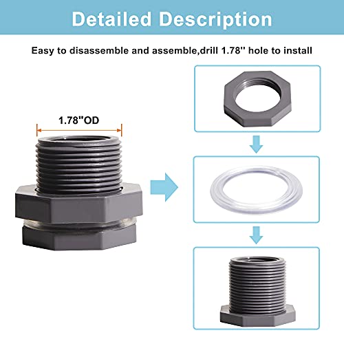 Ququyi 1/2 Inch PVC Bulkhead Water Tank Connector Adapter Fitting with Plugs Thru-Bulk Pipe Fitting for Rain Barrels, Aquariums, Ponds(Set of 3) - size: 1/2"-3pcs