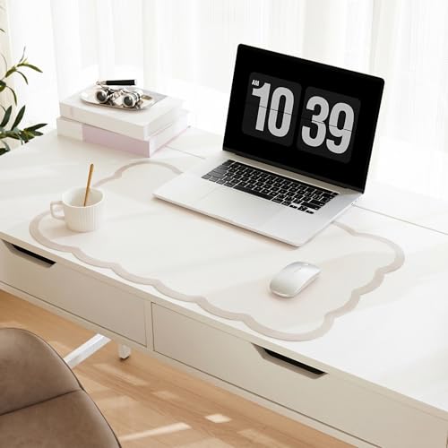 Scalloped Desk Mat, 23.6" x 11.8" Cute Small Beige Sand Aesthetic Desk Accessories, PU Leather Computer Laptop Desk Mouse Keyboard Pad, Desk Writing Mat for Vanity/Work/Home Decor - color: Beige, size: 23.6" x 11.8"