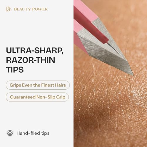Beauty Power Tweezers for Women Facial Hair: Ultra Precision Tweezers for Women & Men, Sharp Slant Tweezer for Eyebrows, Ingrown Hair Removal. Professional Plucker, German Stainless Steel (Pink) - color: Pink