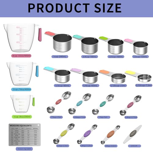 Magnetic Measuring Cups and Spoons Set, 5 Stainless Steel Measuring Cups for Dry and Liquid Ingredients, 7 Magnetic Measuring Spoons, 3 Plastic Measuring Cup with 1 Measuring Conversion Chart - color: Colored