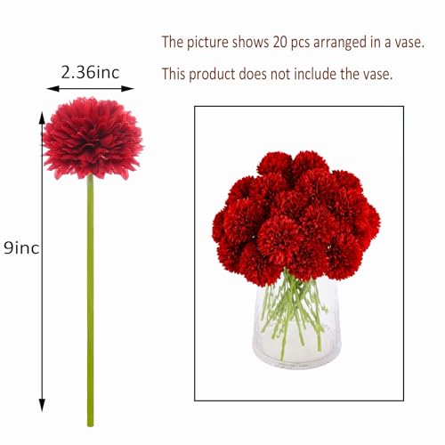 Kimura's Cabin 20Pcs Fake Chrysanthemum Artificial Flowers Silk Ball Flowers Faux Mums Flower with Stem for Wedding Party Bouquets Arrangements Home Table Centerpieces Christmas Decoration (Red) - color: Red
