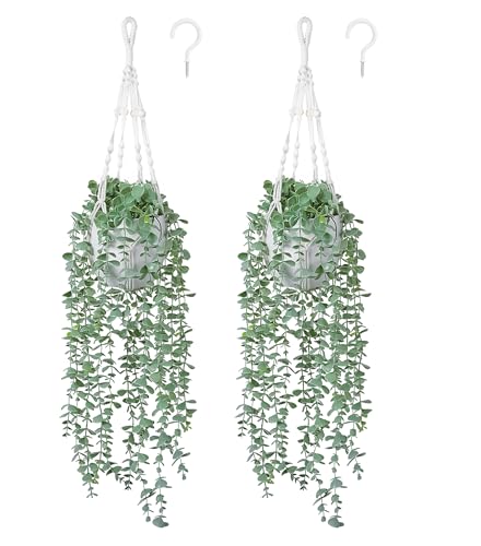 DREAMLOOM 2 Packs Fake Hanging Plants with Pots, Artificial Eucalyptus Hanging Plants with Macrame Hanger for Indoor Decor, Fake Hanging Vines Faux Greenery for Home Kitchen Office - color: Eucalyptus