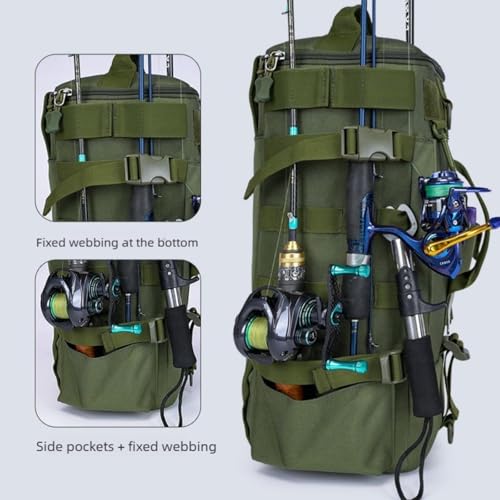 Tactical Fishing Backpack with Rod Holders,35L MOLLE Tackle Bag Water Resistant for Men and Women,Outdoor Gear Storage for Saltwater and Freshwater (Green) - color: Green