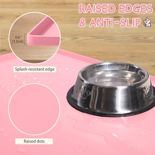 MateeyLife Silicone Cat & Dog Food Mat for Floors Waterproof, Anti-Slip Dog Bowl Mats for Food and Water, Pet Feeding Mats with Lip to Prevent Spills, Pet Placemat for Messy Drinkers to Protect Floors - color: Pink, size: 24''×16''