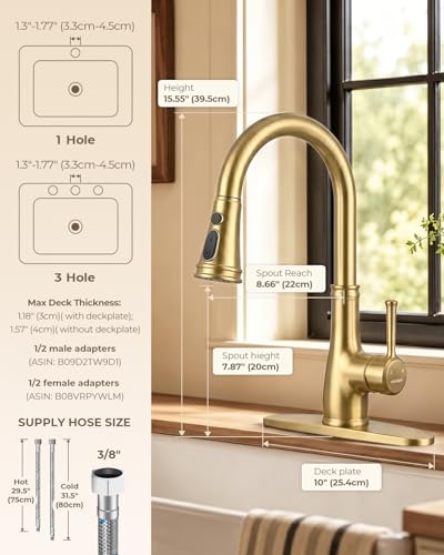 WEWE Vintage Kitchen Faucet with Pull Down Sprayer, Stainless Steel 1 or 3 Hole High Arc Single Handle Antique Sink Faucet for Classic Modern Ktichen, Gold Bar & Prep Sinks - color: Gold, style: Vintage