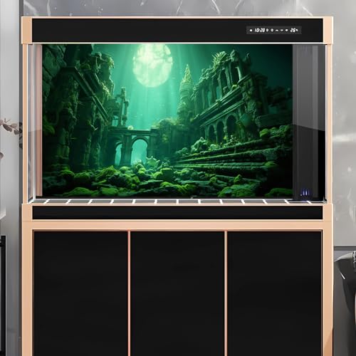 Underwater Aquarium Background Undersea Roman Building with Plants Around Seabed Fish Tank Background Underwater Building Stone with Moss Terrarium Background Undersea Aquarium Backdrop 24x16in - color: Ocean Green, size: 24(W)x16(H)in