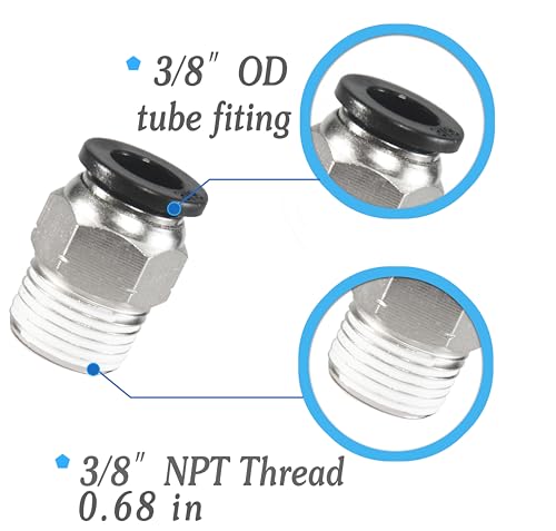 3/8 Air hose fittings, Push to Connect Air fittings Male Straight 3/8 Inch Tube OD x 3/8 NPT Thread Fitting (Pack of 10) - size: OD 3/8 - NPT 3/8, style: Male thread