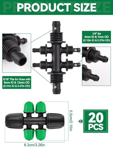 Kalolary 20PCS Locked Barbed Tee Connectors, 5/16" to 1/4" Drip Irrigation Fittings Kit 8/12mm to 4/7mm Tube Lock Female Connector 6-Way Barbed Lock Irrigation Parts for Watering System (Black Green) - color: Black Green 5/16" to 1/4" 6-Way
