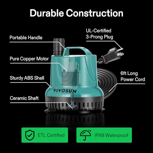 VIVOSUN 260GPH 20W Submersible Water Pump for Fish Tank, Pond, Aquarium, Hydroponic Systems with 6ft Power Cord and 3 Outlet Adapters, Blue - style: 20W; 260GPH