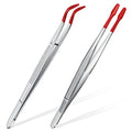 2 Piece Tweezers with Rubber Tips Set - Bent and Straight Flat Tips Tweezers PVC Coated for Stamp Coins Jewelry Crafts, Electronics(Silver, Red) - color: Silver, Red