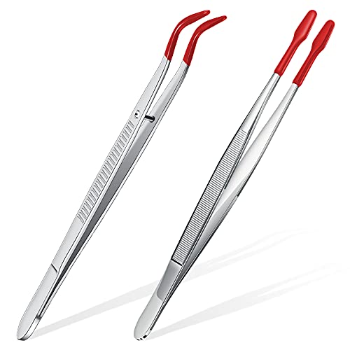 2 Piece Tweezers with Rubber Tips Set - Bent and Straight Flat Tips Tweezers PVC Coated for Stamp Coins Jewelry Crafts, Electronics(Silver, Red) - color: Silver, Red