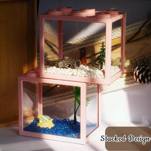 2 Pack Sea Monkey Fish Tank, Mini Betta Fish Tank Stackable Aquarium Tank Kit with Aquarium Gravel & Micro Landscape, 0.6 Gallon Acrylic Fish Bowl Tiny Shrimp Tank for Baby Fish Crab Moss Ball - color: Pink