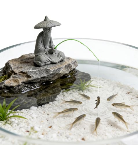 livelyfish Mini Fisherman Statue Asian Zen Decoration Sitting Fishing Figurines Sandstone Vintage Ornament for Aquarium Fish Tank Pot Garden Home Japanese Decor (D2) - color: D2