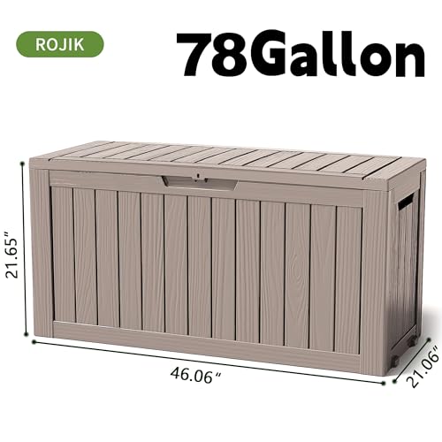 ROJIK Outdoor Storage Housing Deck Box - Waterproof Patio Furniture, Garden Tools, Cushions, Pool Accessories Storage Bench with Lockable Lid and Side Handles (Grey 78 Gal) - color: Grey, size: 78 Gallon