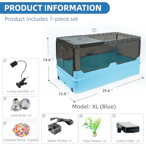 25.6x12.8x14.6 Turtle Tank Kit with Heat Lamp Filter and Wheels Aquatic Turtle Habitat and Aquarium for Small Turtles Hermit Crabs and Frogs Featuring Escape Proof Design and Easy Move Mobility Blue - color: Blue, size: 25.6x12.8x14.6 Inch