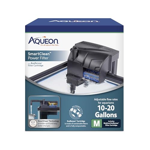 Aqueon SmartClean Power Filter with EcoRenew Filter Cartridge, Quick and Easy Water Changes, Quiet Operation, Adjustable Flow, for 10-20 Gallon Freshwater and Saltwater Aquariums, Medium - size: 10-20 Gallons