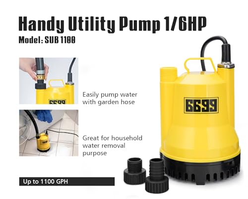 1/6HP Portable Utility Pump Submersible Small Backup Sump Pump Draining Tool to Remove Water from Flooding House Basement Pool Tankless Heater Flushing Pump with 10-Foot Cord SUB 1100