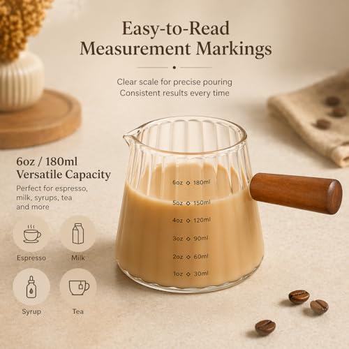 6 oz Espresso Cups - Glass Measuring Cups with Spout - Ribbed Small Creamer Pitcher- Expresso Shots Cup with Wood Handle for Coffee Milk, Dishwasher Safe (Transparent, 1 pack) - color: Transparent, size: 1 pack