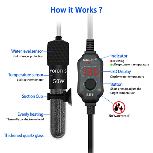 YOFOTHS Adjustable Mini Aquarium Heater 5-10 Gallons Submersible Small Fish Tank Heater 50W Digital Display Thermostat External Temperature Controller (50W) - size: 50W
