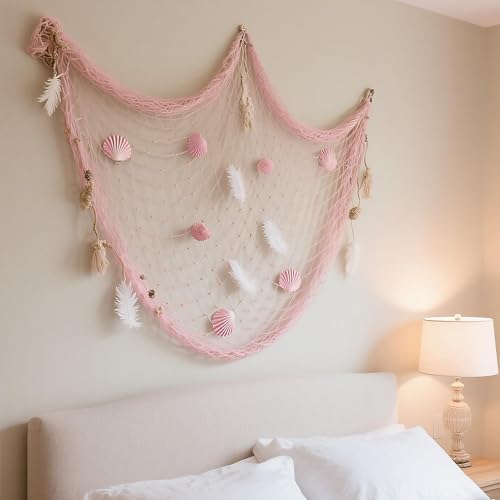 2 Pack Fish Net Decorations for Party,Natural Cotton Hawaiian Party Fishing Net Decorative, Nautical Themed Cotton Fishnet Under The Sea Pirate Ocean Beach Decor - color: 2pack-pink