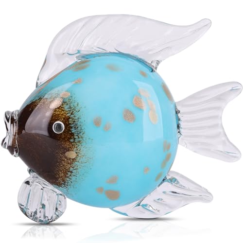 Large Glass Fish Figurines Hand Blown Glass Fish Statue and Sculpture Home Decor, Murano Animal Tropical Sea Glass Paperweights for Desk, Glass Aquarium Coastal Beach Decorative (Light Blue)