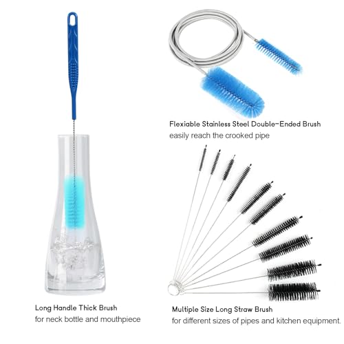 12 Pack Glass Tube Pipe Cleaner Set, 17 Inch Long Handle Nylon Brush for Neck Bottle, 8.2 Inch Various Diameter Tube Straw With Hook, 35 Inch Flexible Double Ended Hose Cleaner