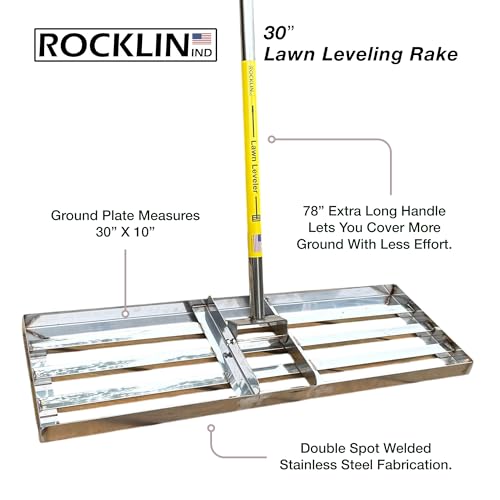 Rocklin™ Lawn Leveling Rake | Stainless Steel | 30" x 10" Ground Plate | 78" Extra Long Handle for Yard for Dad, Husband & Men - size: 30 Inches