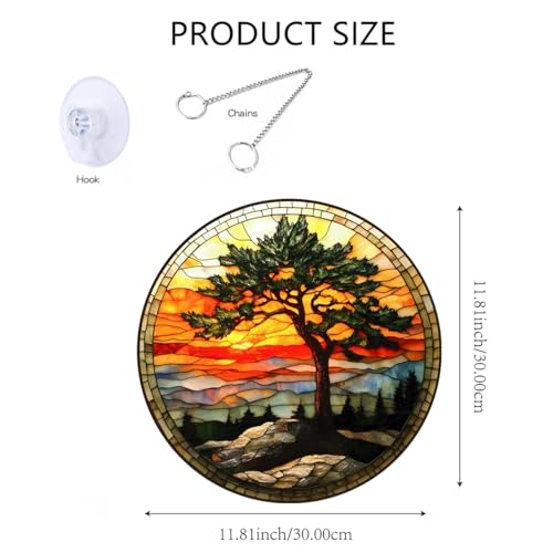 HOTIYOK Pine Tree Acrylic Window Hanging Sunset Mountain View Stained Wall Decor, Ideal Housewarming Gift, Home Decor for Women Grandma Wife Teacher